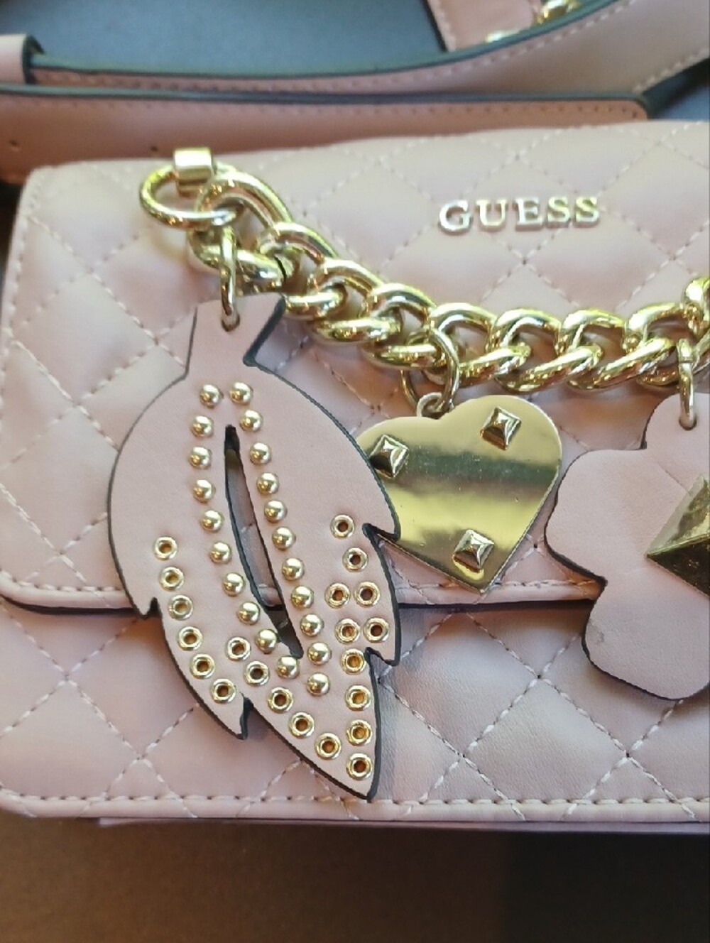 GUESS Pink Quilted Crossbody with Gold Charm Chain - Picture 2 of 10